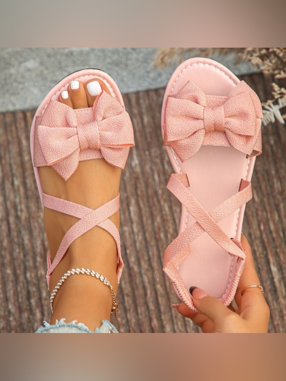 Bow-Decor Crisscross Ankle Strap Sandals